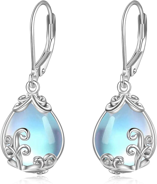 Celtic Moonstone Filigree Teardrop Drop Dangle Earrings Sterling Silver Leverback Earrings Jewelry A-Moonstone Filigree