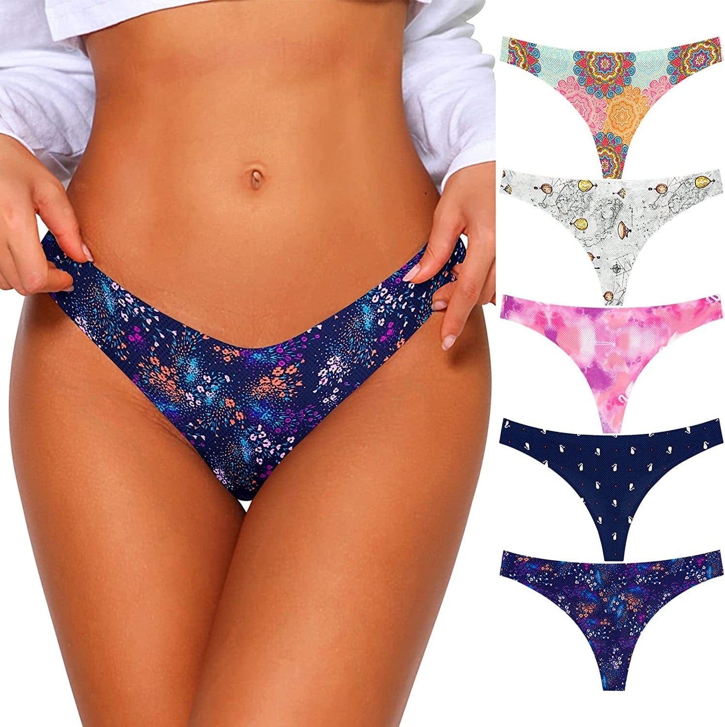 CESEBOO Seamless Thongs for Women Cotton Thongs No Show Underwear Women Invisible Lace Thongs Panties for Women Cheeky 5 Pack - Multicolored M / Small