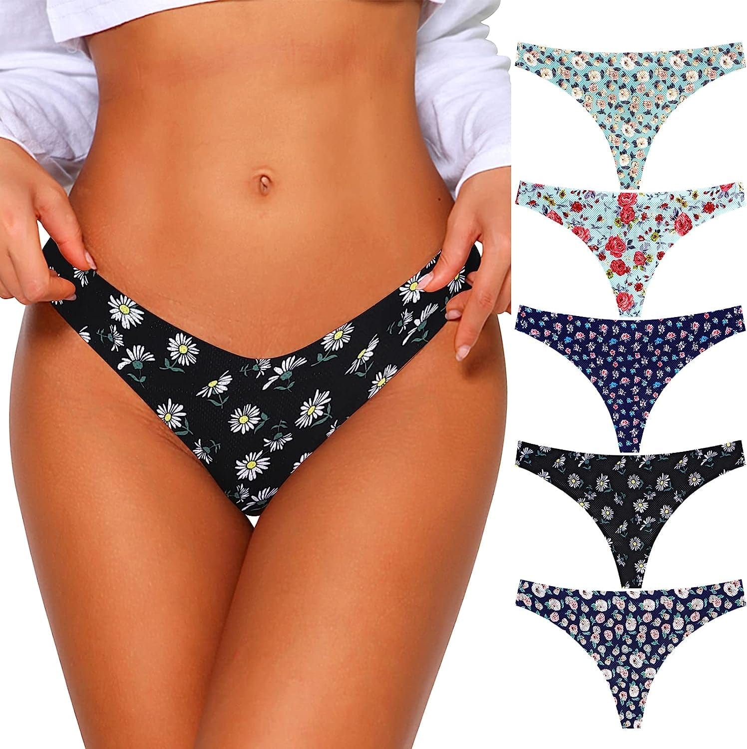 CESEBOO Seamless Thongs for Women Cotton Thongs No Show Underwear Women Invisible Lace Thongs Panties for Women Cheeky 5 Pack - Multicolored L / Small