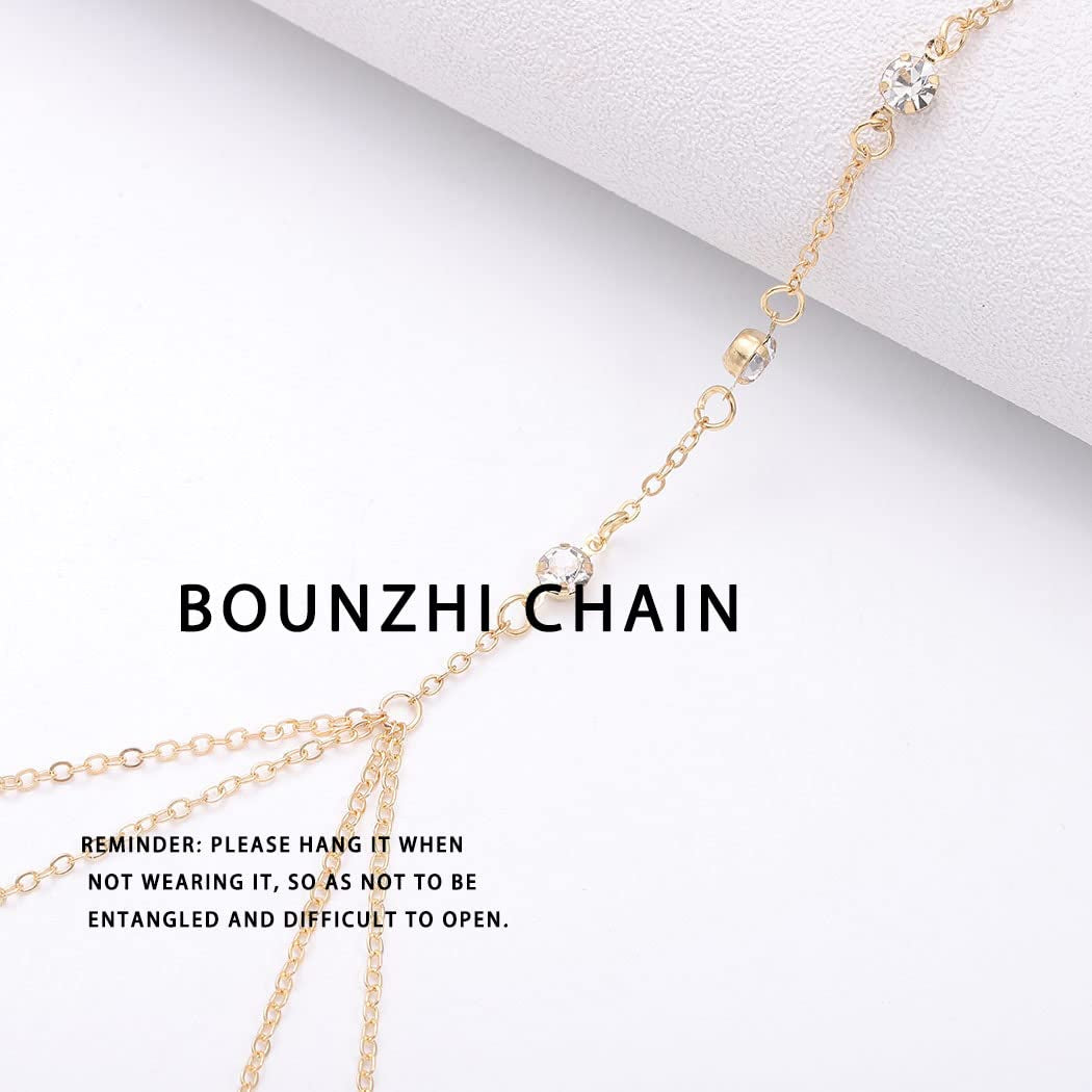 Bounzhi Gold Sexy Body Chain Crossover Thin Bra Bikini Rhinestone Crystal Waist Belly Body Chains Beach Body Necklace Jewelry for Women, Free Size (B-100) Apparel & Accessories > Jewelry > Body Jewelry Bounzhi