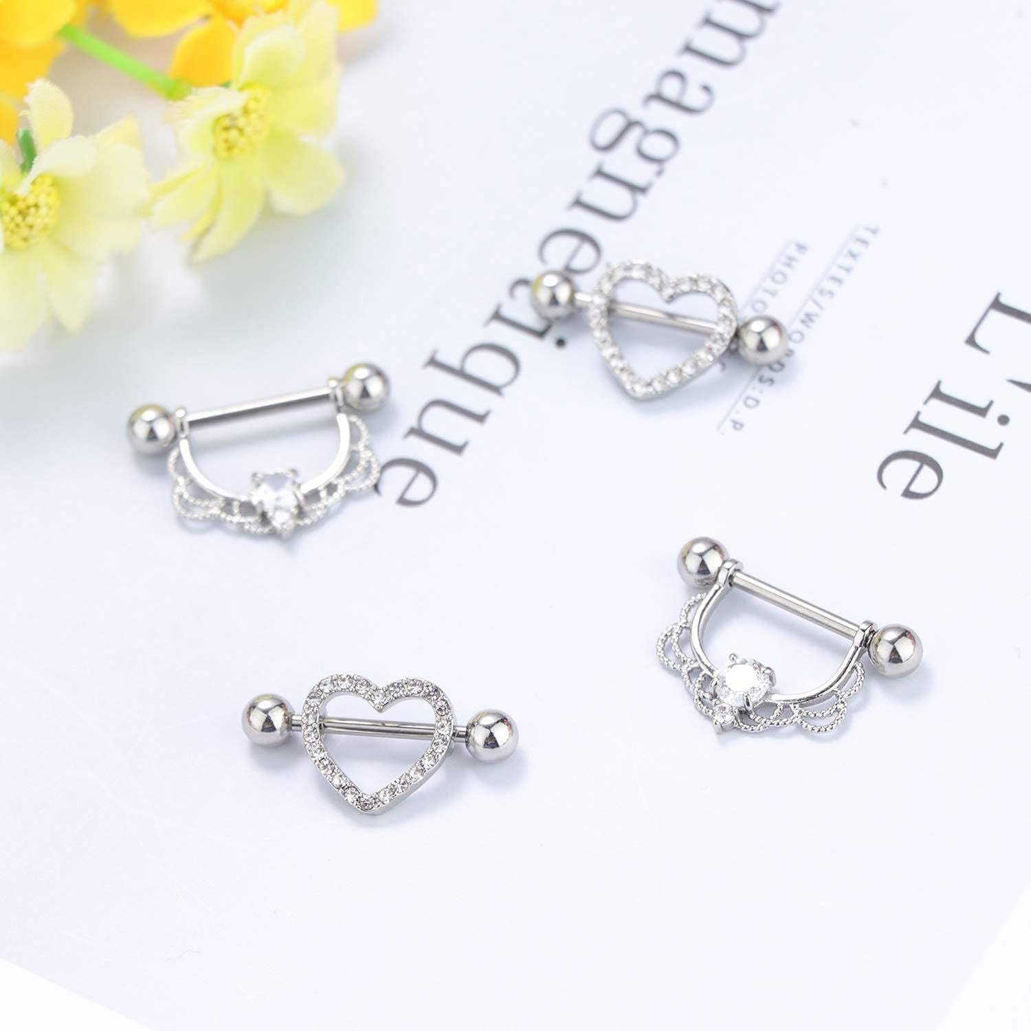 FINREZIO 6-8 Pairs 14G Nipple Rings 316L Surgical Steel Heart CZ Tongue Barbell Body Piercing Shield Ring Set 5/8 Inches Apparel & Accessories > Jewelry > Body Jewelry FINREZIO