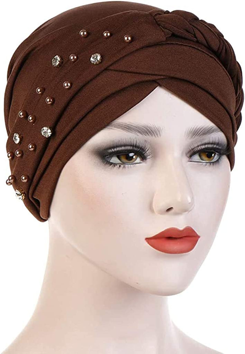 Women Girls Turban Hat, Rhinestone Pearl Braid Turban Head Wrap Baggy Slouchy Beanie Chemo Cap Headwear Hair Wrap Apparel & Accessories > Clothing Accessories > Headwear canjoyn