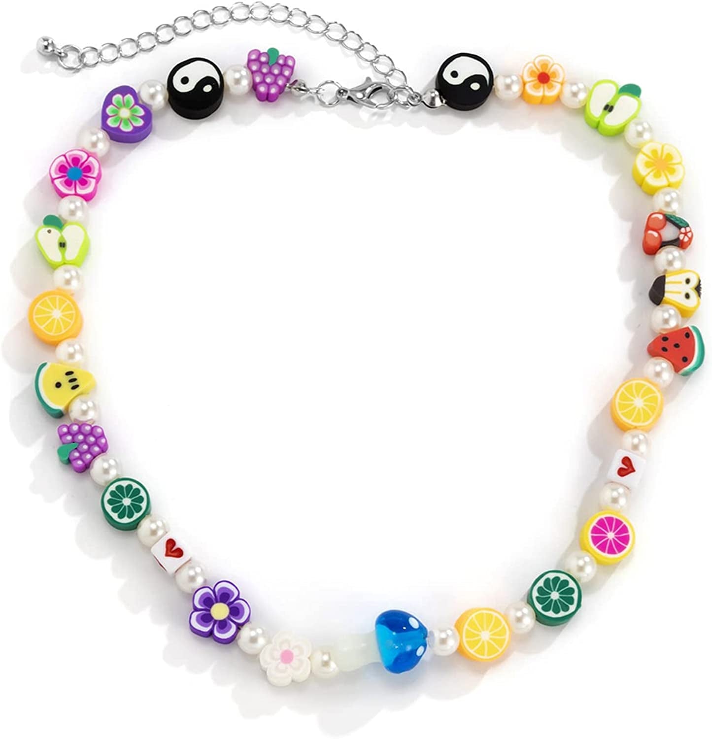 Boho Smiley Layered Beaded Necklaces with Strand Bracelet, Smile Face Star Fruits Flowers Heart Shape Beads Pearl Stackable Collar Necklace Anklet for Women Girls Vsco Summer Beach Trip Apparel & Accessories > Jewelry > Anklets Bincon I Blue mushroom