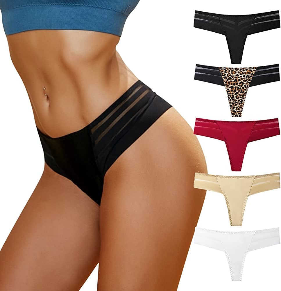 Chahoo Womens Thong Underwear, Sexy Low Rise Panties Seamless G-String T Back Lace Thongs, 5-Pack No Show Thongs for Women 5pack / Small