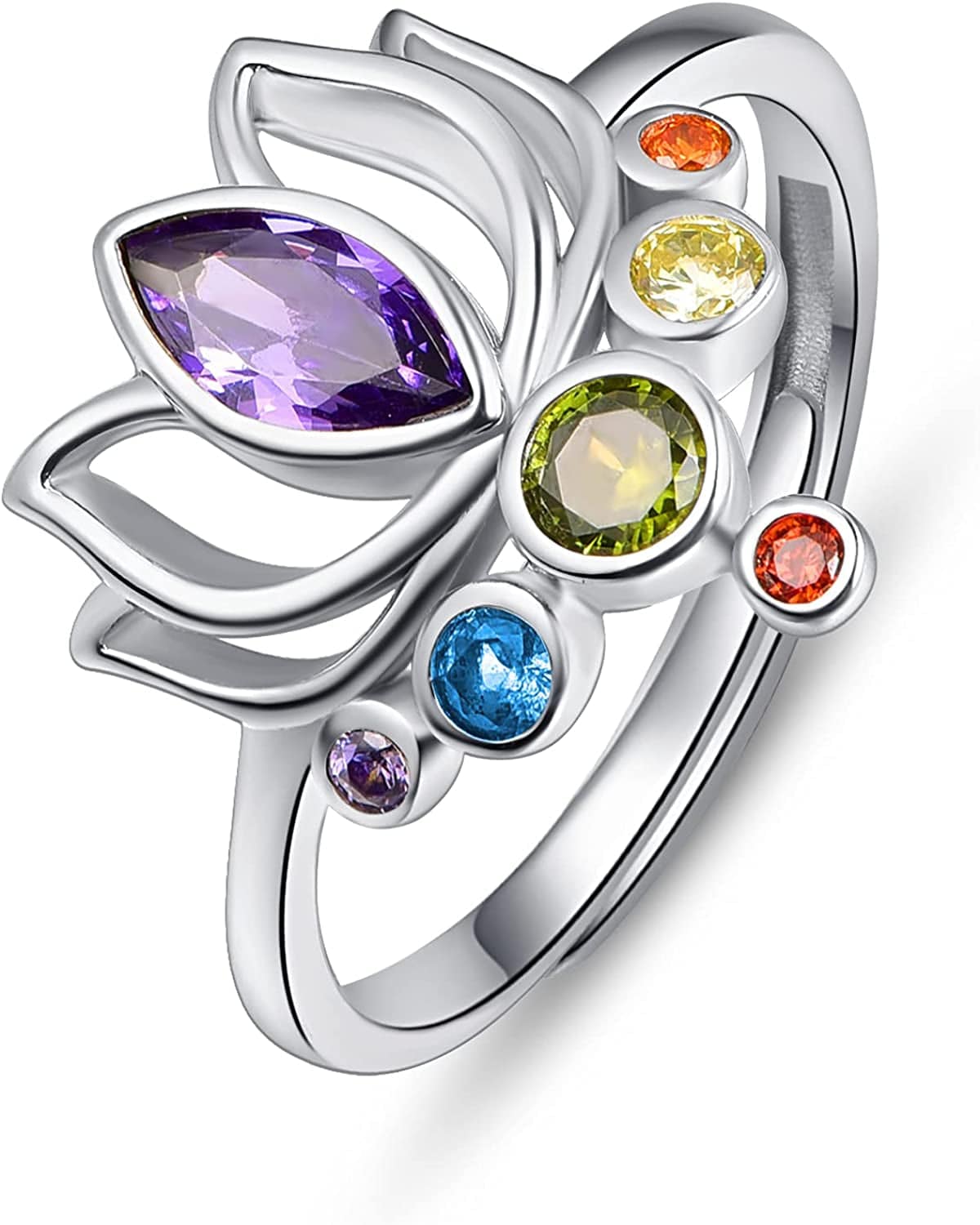 Chakra Rings for Women Sterling Silver Lotus Flower Hamsa Adjustable Ring Healing Crystals Jewelry Christmas Gifts for Mom Daughter Yoga Lover 6#-8# Lotus Flower / Adjustable