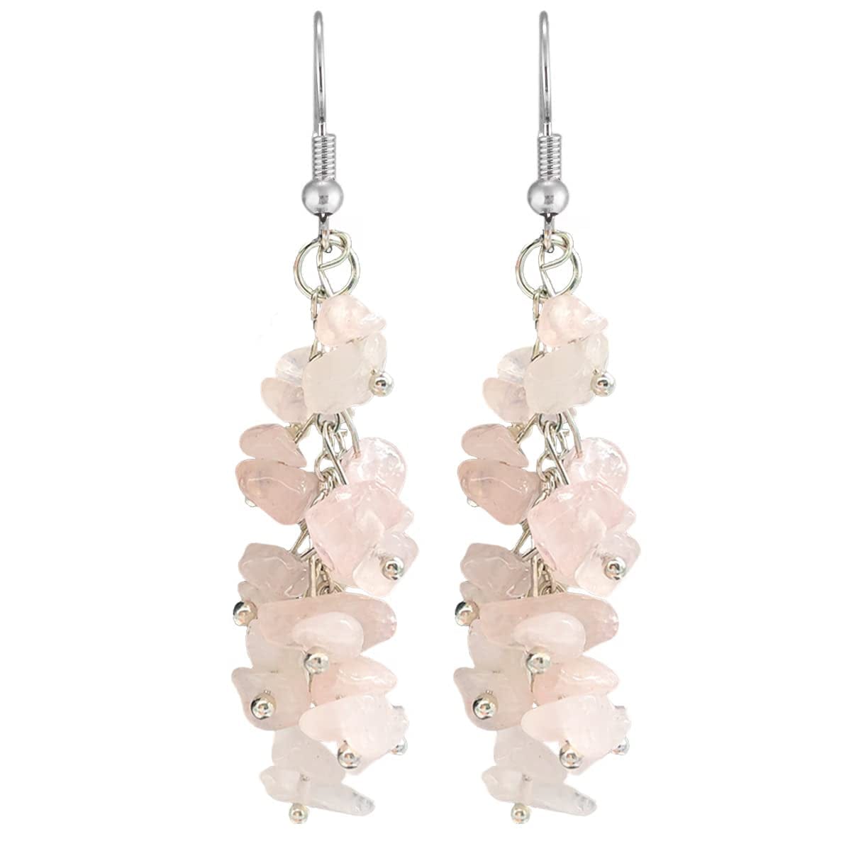 Chakra Stone Beaded Dangle Earrings for Women Girls, Colorful Natural Stones Crystals Drop Earrings for Meditation Yoga Jewelry (Amethyst) Pink Crystal