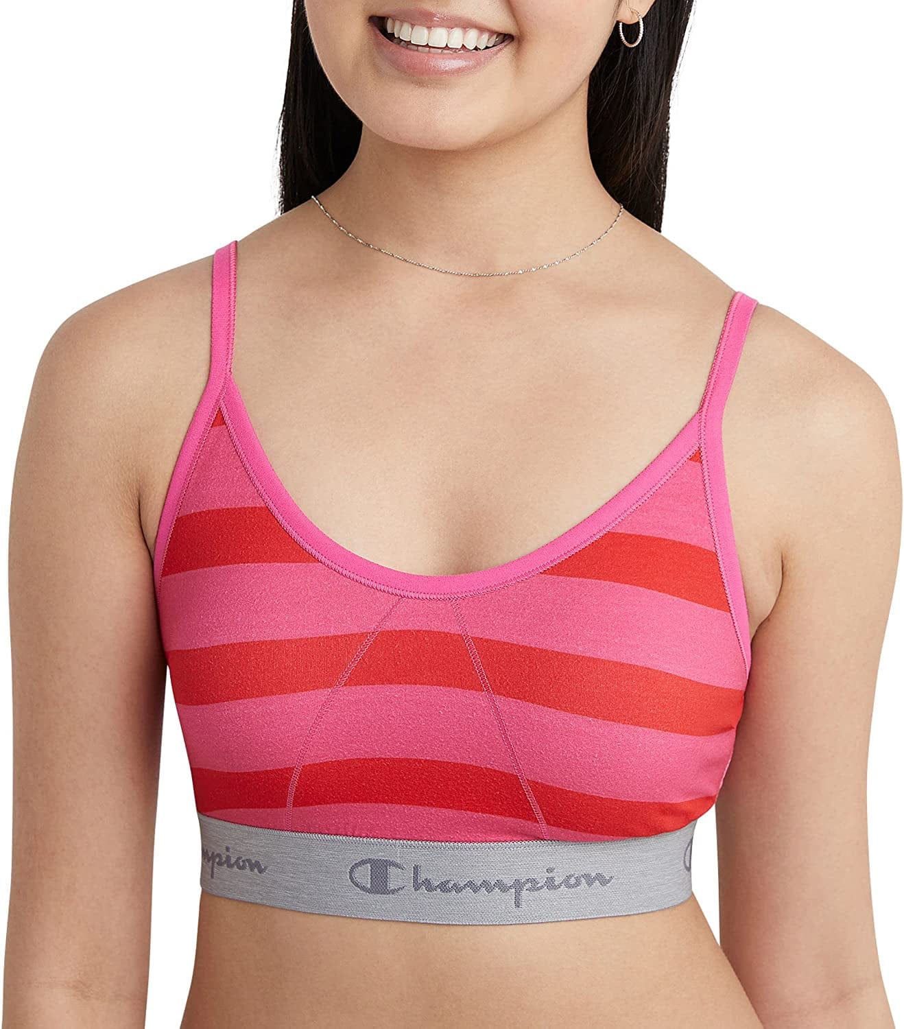 Champion Womens Bralette, Heritage Bralette for Women, Moisture-Wicking, Cotton Stretch Cheerful Pink Red Stripe / Large