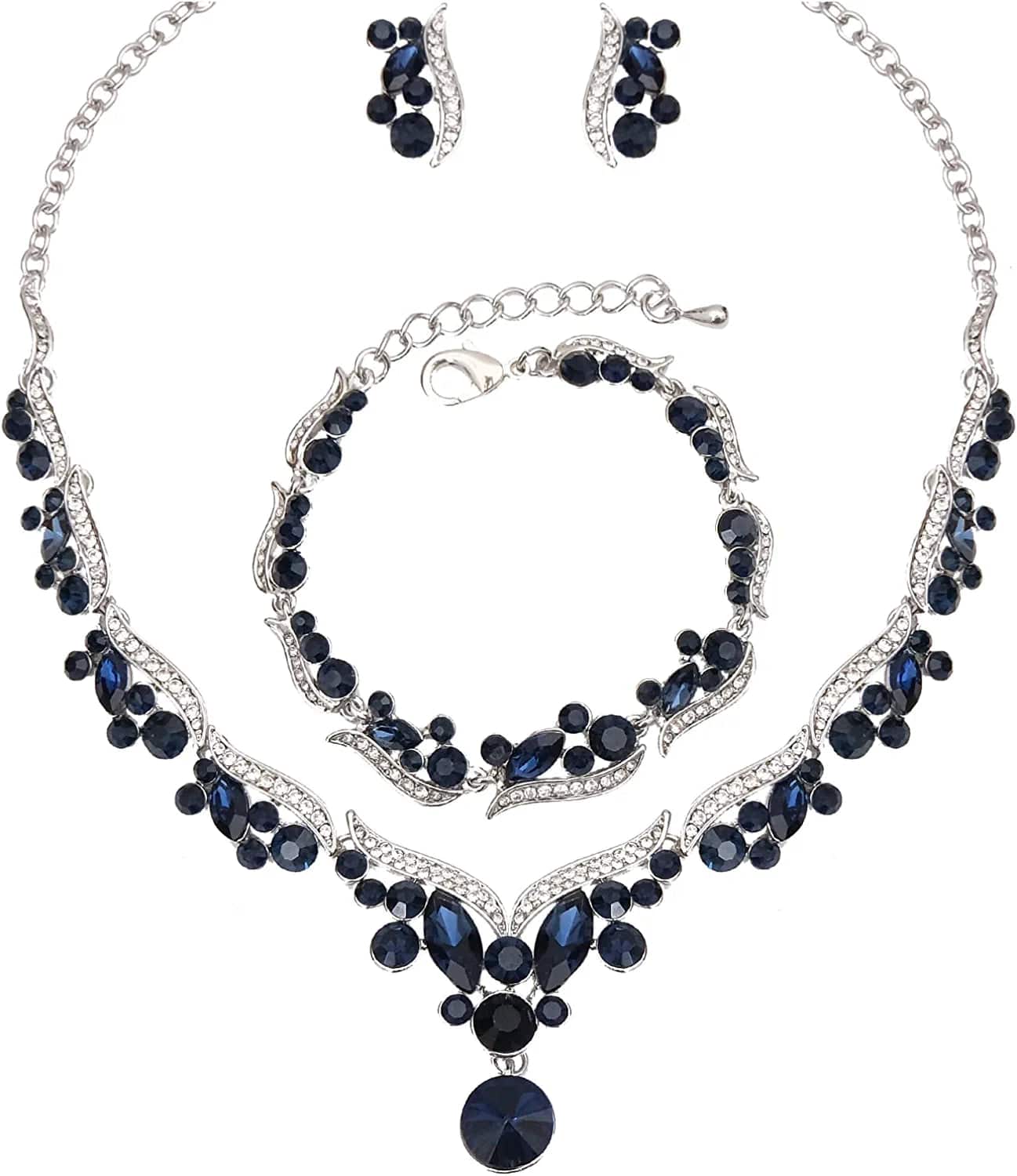 Chaoyite Elegant Austrian Crystal Bridal Choker Necklace Earring Link Bracelet Sets Wedding Prom Costume Jewelry for Bride Bridesmaid Women navy blue-platinum tone