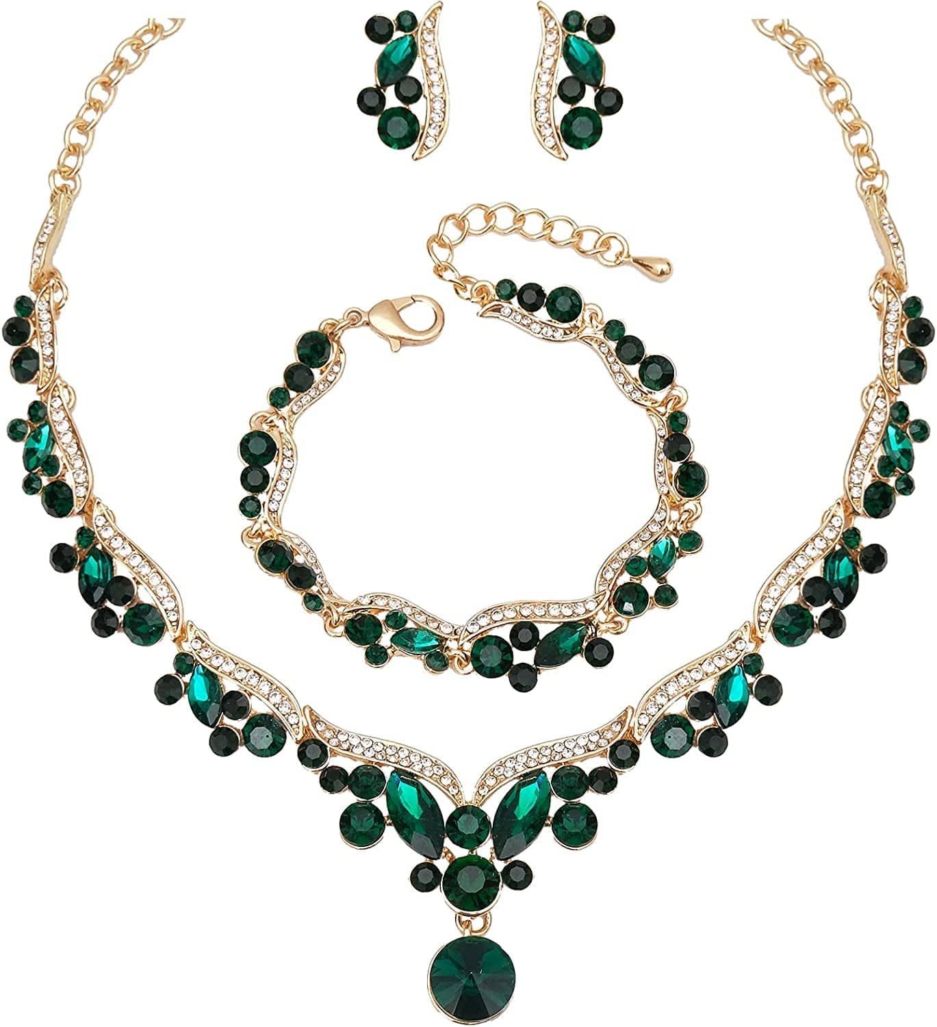 Chaoyite Elegant Austrian Crystal Bridal Choker Necklace Earring Link Bracelet Sets Wedding Prom Costume Jewelry for Bride Bridesmaid Women Green crystal-gold tone