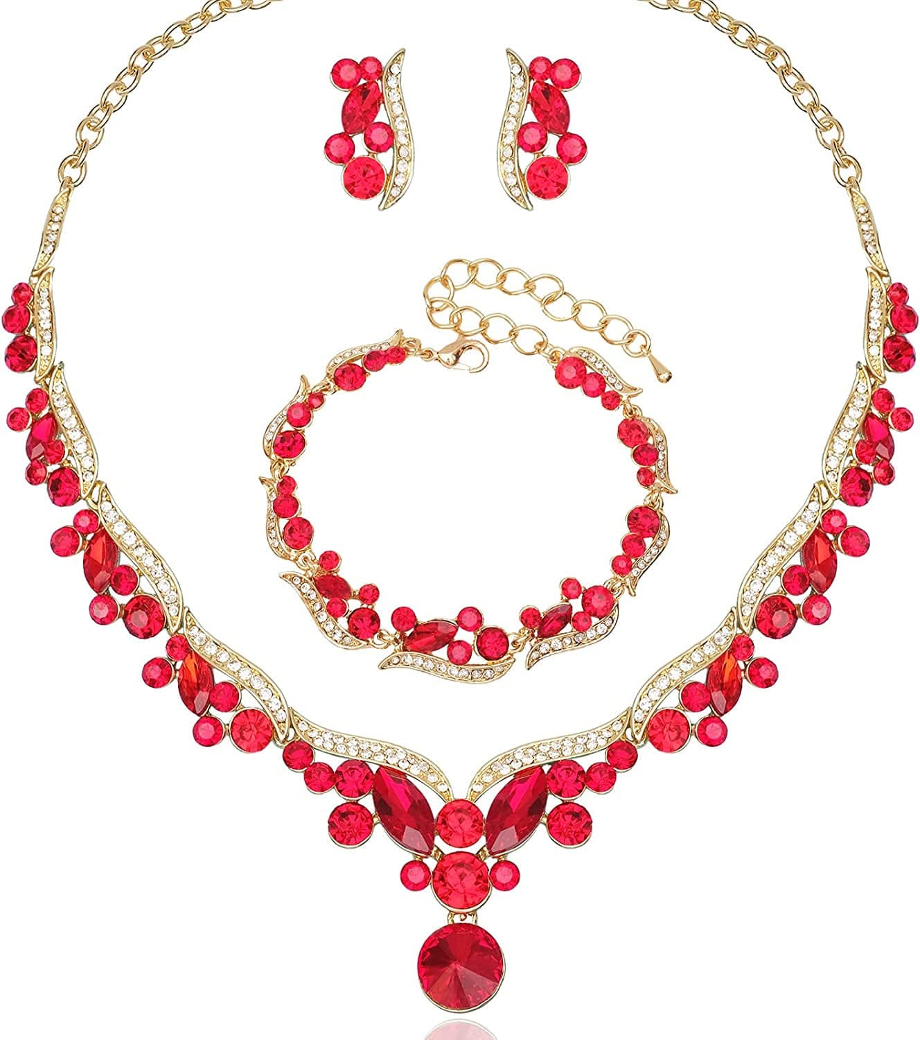 Chaoyite Elegant Austrian Crystal Bridal Choker Necklace Earring Link Bracelet Sets Wedding Prom Costume Jewelry for Bride Bridesmaid Women Red
