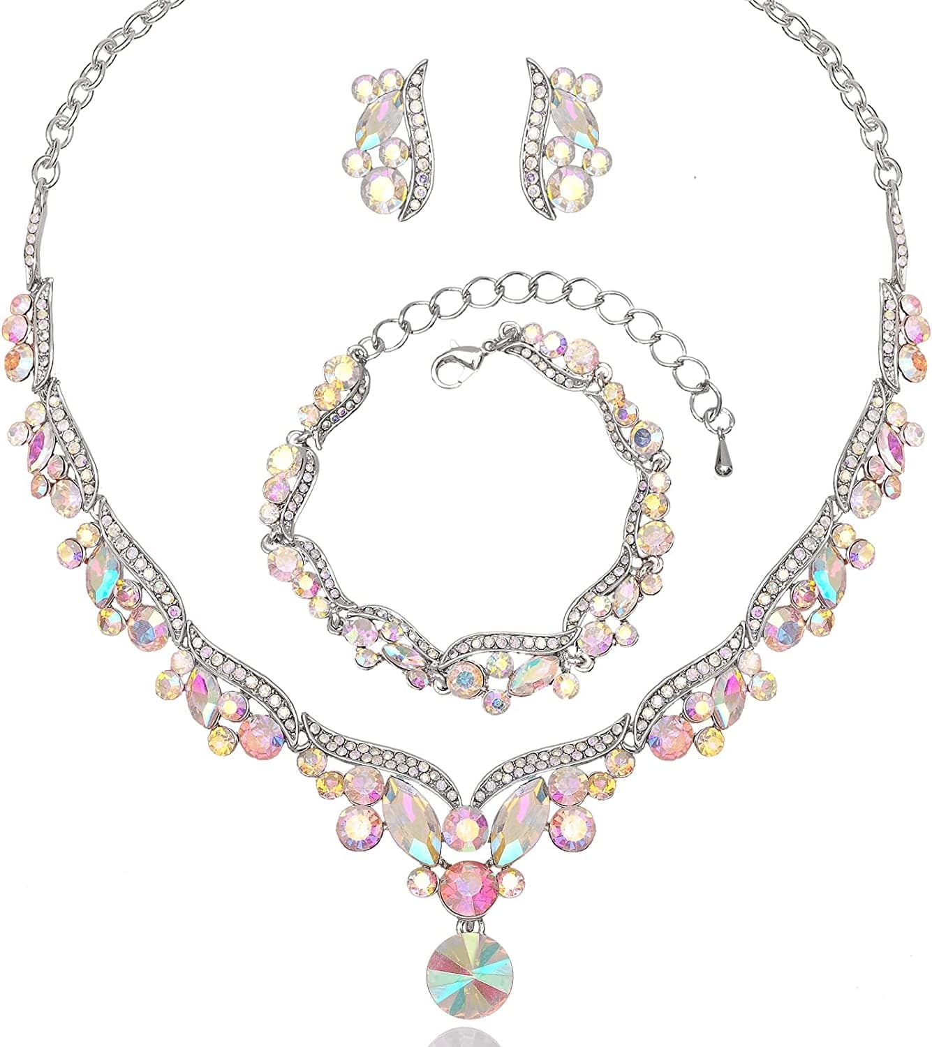 Chaoyite Elegant Austrian Crystal Bridal Choker Necklace Earring Link Bracelet Sets Wedding Prom Costume Jewelry for Bride Bridesmaid Women AB Crystal