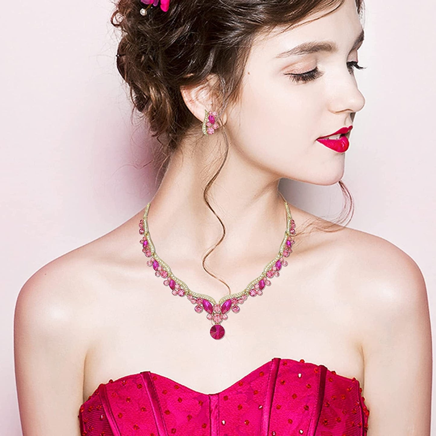 Chaoyite Elegant Austrian Crystal Bridal Choker Necklace Earring Link Bracelet Sets Wedding Prom Costume Jewelry for Bride Bridesmaid Women