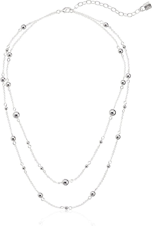 Chaps Women'S Double Strand Bead Strand Necklace, Silver