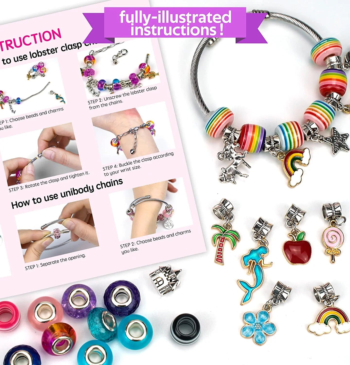 Charm Bracelet Making Kit, 150 Pcs Jewelry Making Supplies Including European Beads Charm Pendants Snake Chains, Unicorn Gifts Set for Teen Girls Arts and Crafts for Kids Ages 5 6 7 8 9 10-12