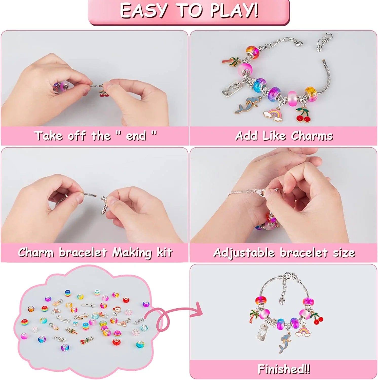 Charm Bracelet Making Kit for Girls, 92Pcs DIY Jewelry Making Kit Including Beads,Pendant Charms, Crown, Necklace String for Bracelets Craft & Necklace Making, Jewelry Crafts Gifts Set for Teen Girls Light Multicolor