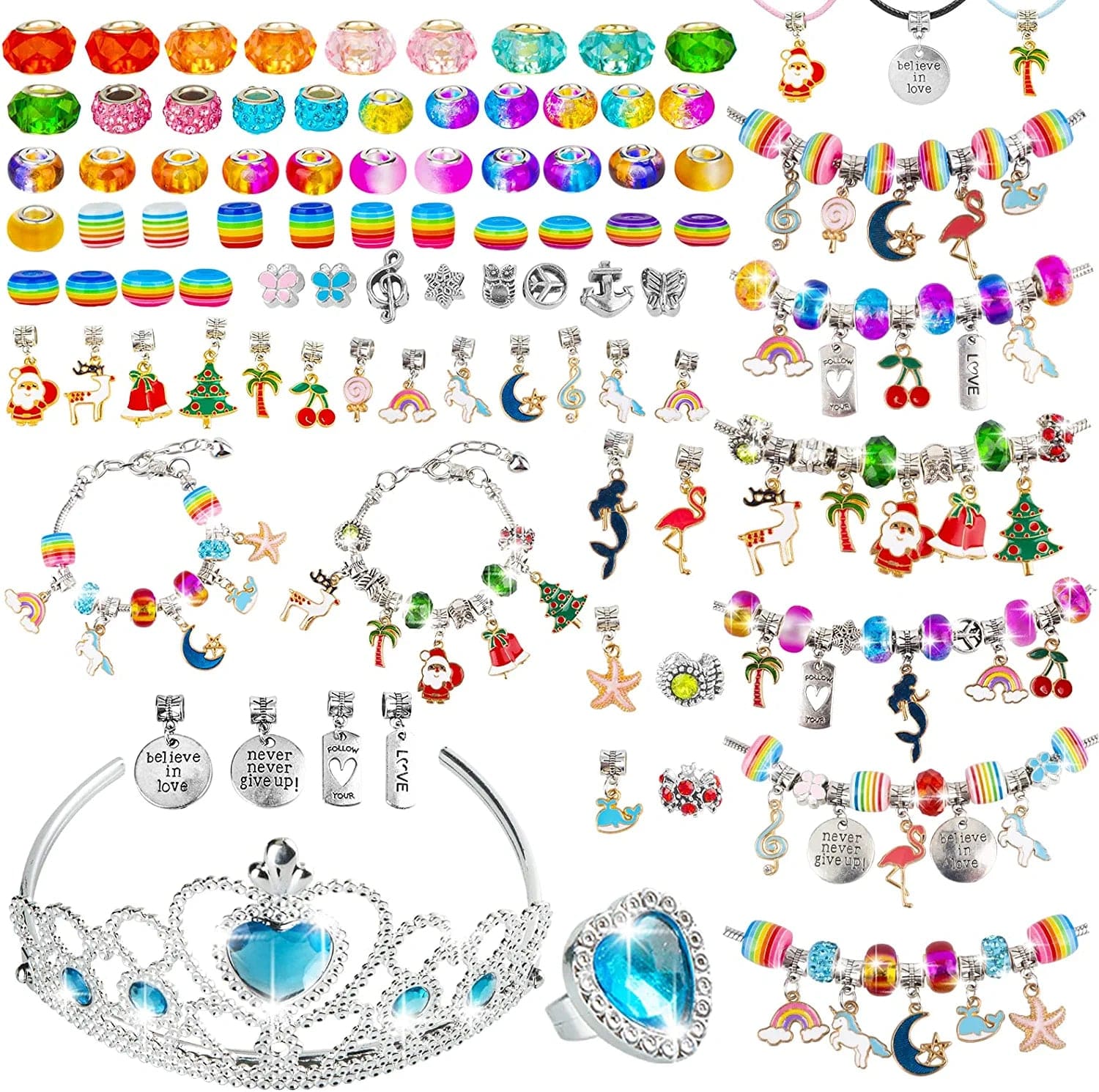 Charm Bracelet Making Kit for Girls, 92Pcs DIY Jewelry Making Kit Including Beads,Pendant Charms, Crown, Necklace String for Bracelets Craft & Necklace Making, Jewelry Crafts Gifts Set for Teen Girls Light Multicolor