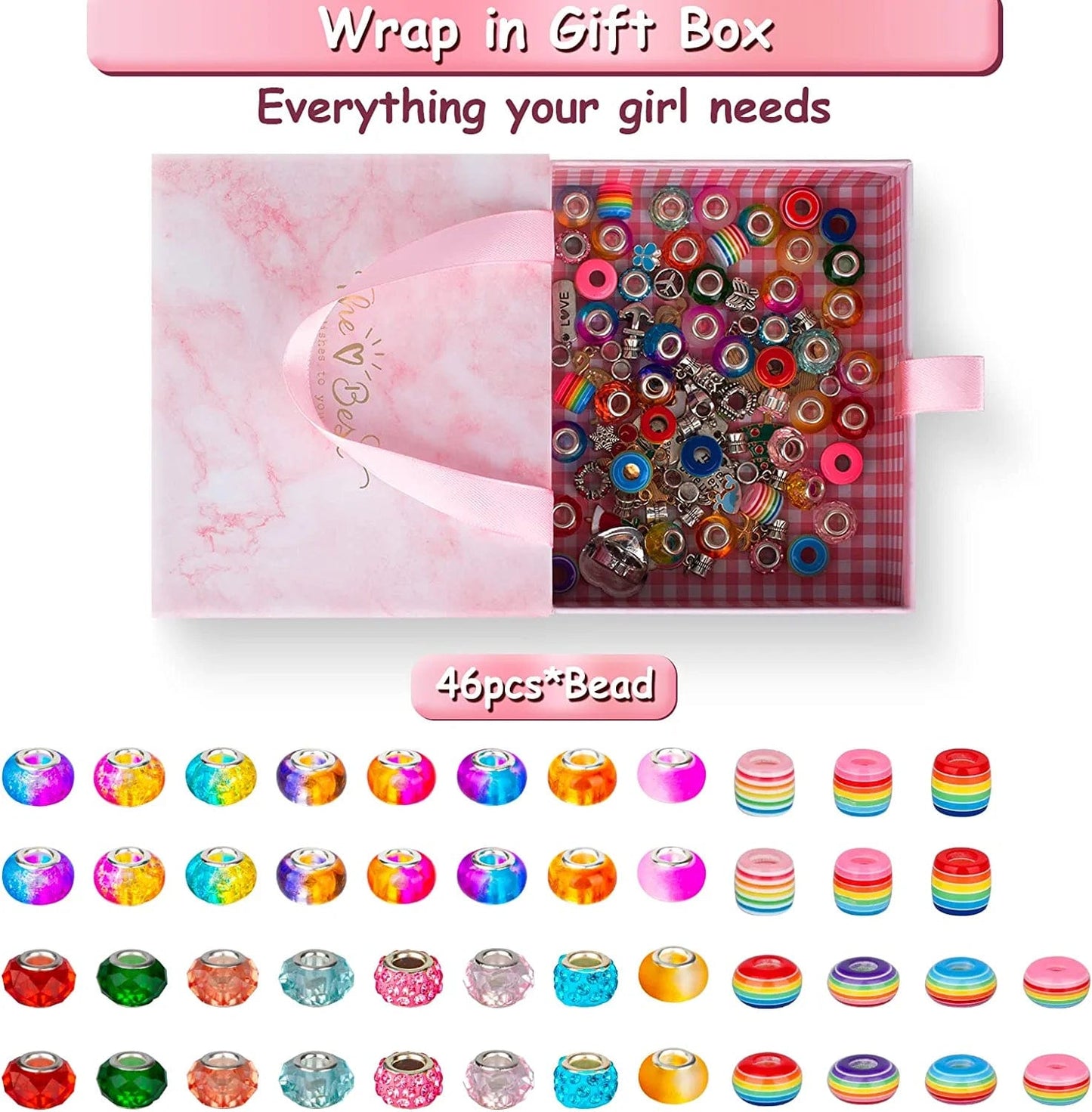 Charm Bracelet Making Kit for Girls, 92Pcs DIY Jewelry Making Kit Including Beads,Pendant Charms, Crown, Necklace String for Bracelets Craft & Necklace Making, Jewelry Crafts Gifts Set for Teen Girls Light Multicolor