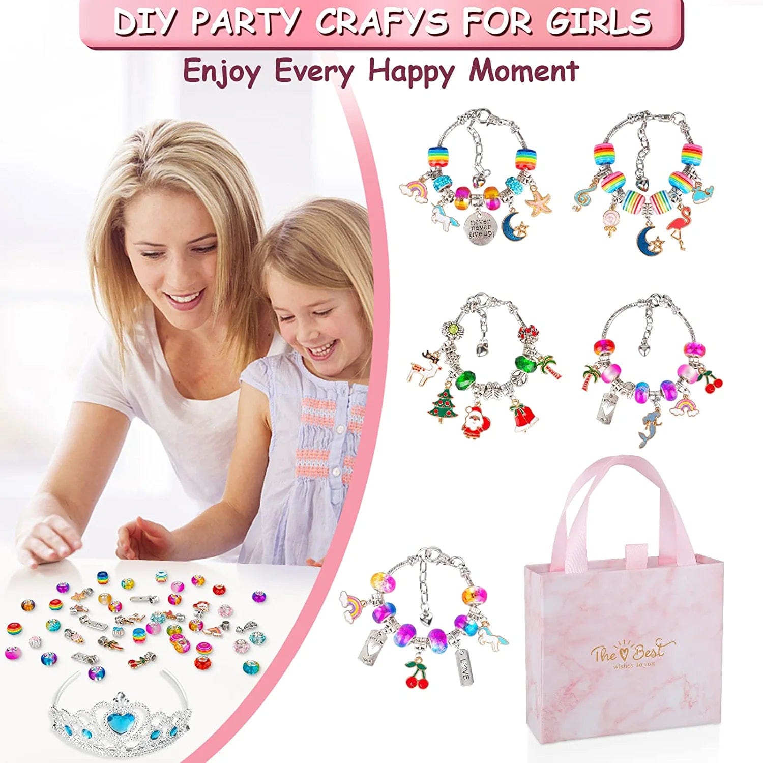 Charm Bracelet Making Kit for Girls, 92Pcs DIY Jewelry Making Kit Including Beads,Pendant Charms, Crown, Necklace String for Bracelets Craft & Necklace Making, Jewelry Crafts Gifts Set for Teen Girls Light Multicolor