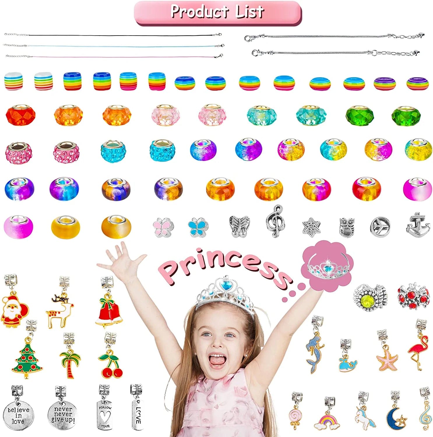 Charm Bracelet Making Kit for Girls, 92Pcs DIY Jewelry Making Kit Including Beads,Pendant Charms, Crown, Necklace String for Bracelets Craft & Necklace Making, Jewelry Crafts Gifts Set for Teen Girls Light Multicolor