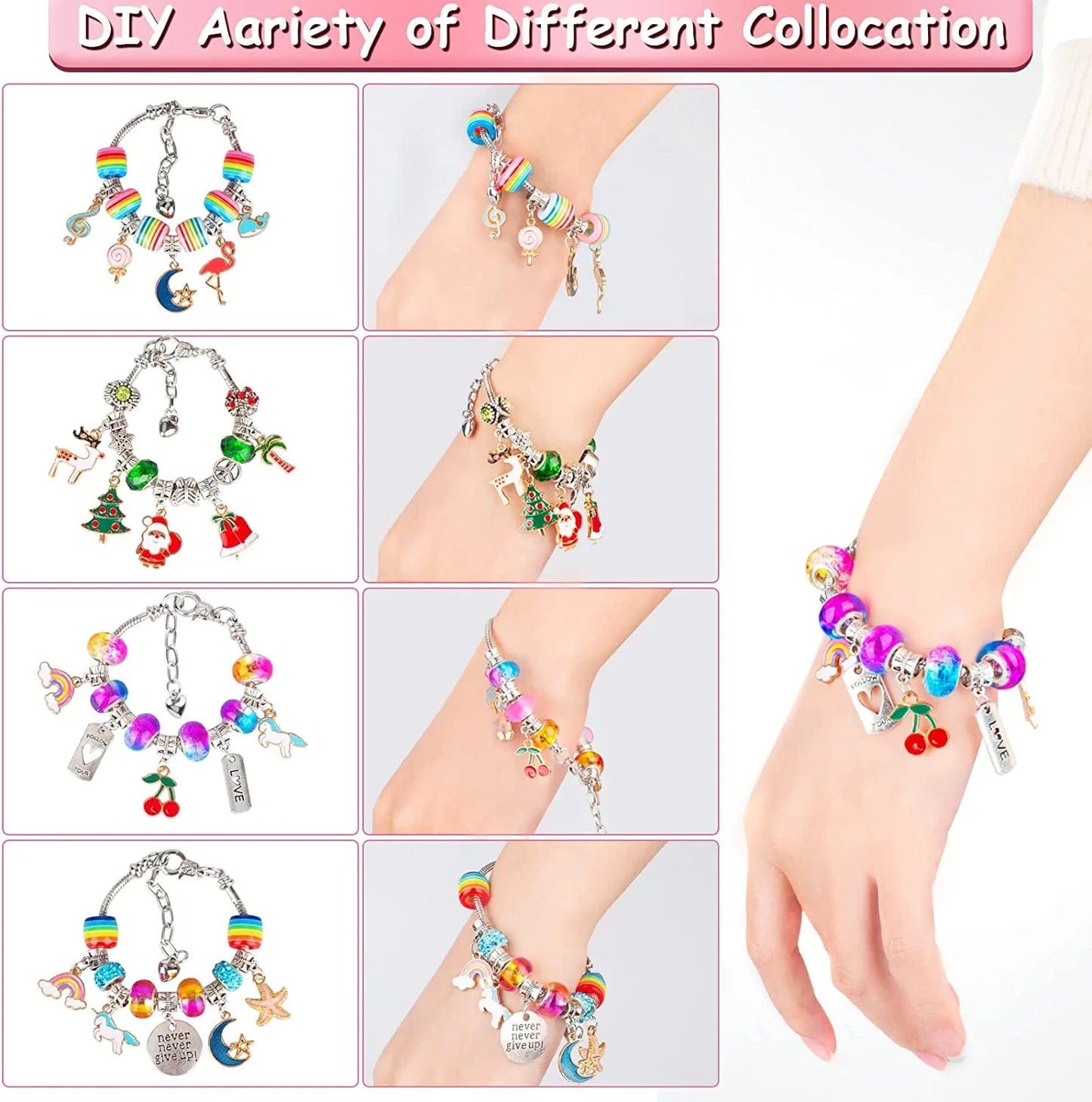 Charm Bracelet Making Kit for Girls, 92Pcs DIY Jewelry Making Kit Including Beads,Pendant Charms, Crown, Necklace String for Bracelets Craft & Necklace Making, Jewelry Crafts Gifts Set for Teen Girls Light Multicolor