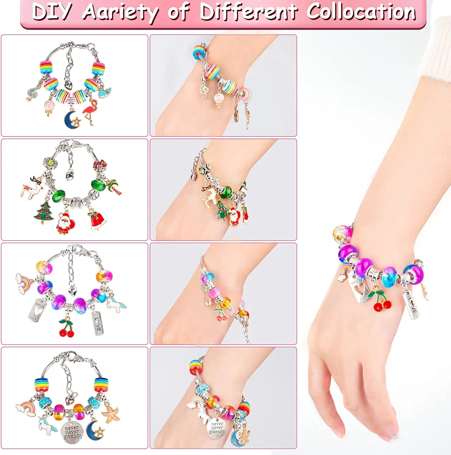 Charm Bracelet Making Kit for Girls, 92Pcs DIY Jewelry Making Kit Including Beads,Pendant Charms, Crown, Necklace String for Bracelets Craft & Necklace Making, Jewelry Crafts Gifts Set for Teen Girls Light Multicolor