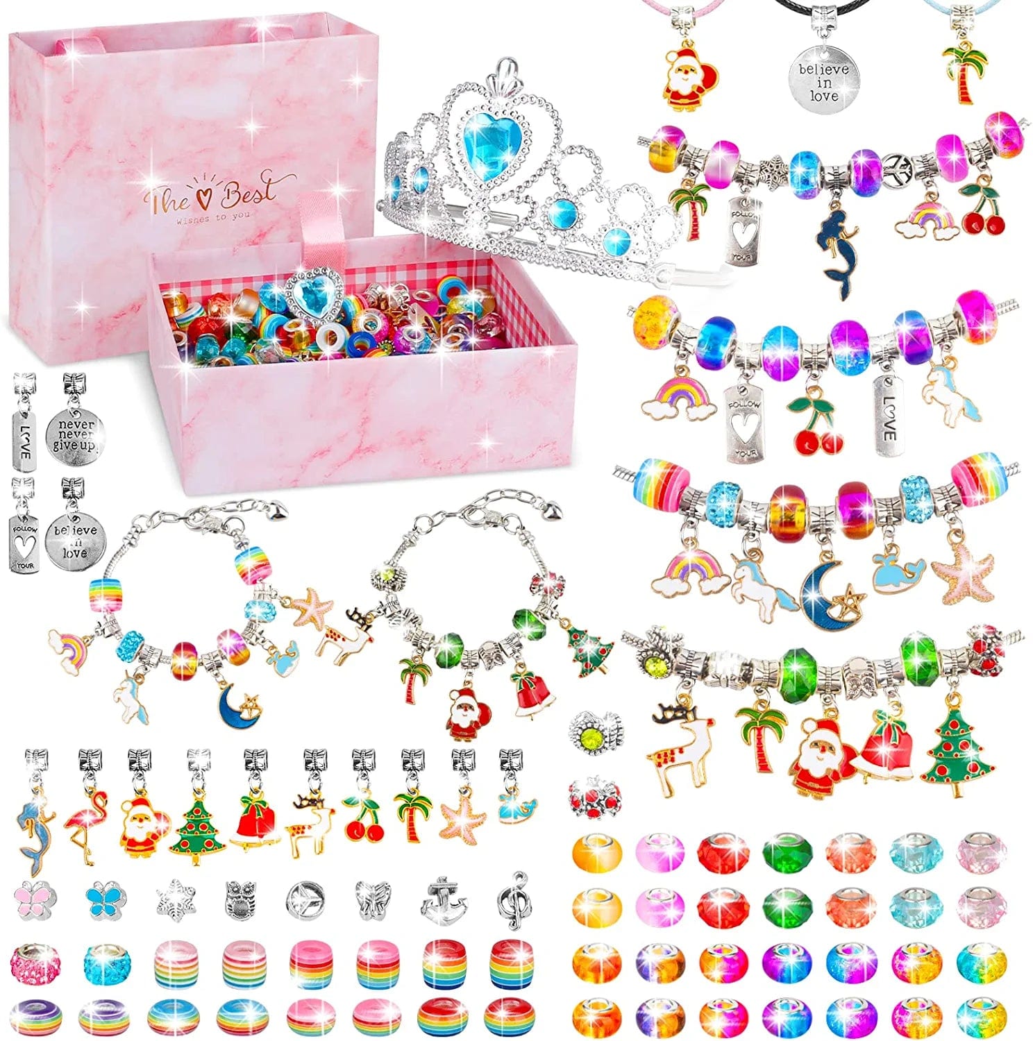 Charm Bracelet Making Kit for Girls, 92Pcs DIY Jewelry Making Kit Including Beads,Pendant Charms, Crown, Necklace String for Bracelets Craft & Necklace Making, Jewelry Crafts Gifts Set for Teen Girls Light Multicolor