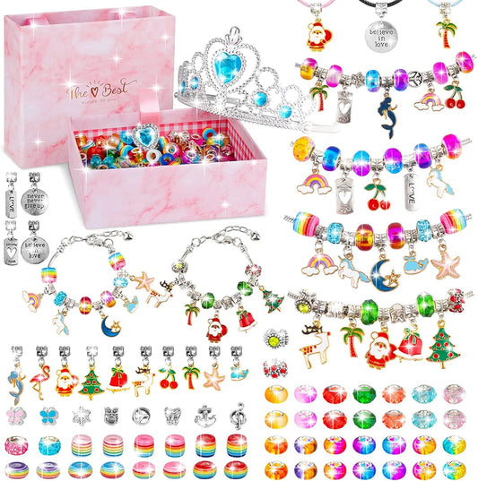 Charm Bracelet Making Kit for Girls, 92Pcs DIY Jewelry Making Kit Including Beads,Pendant Charms, Crown, Necklace String for Bracelets Craft & Necklace Making, Jewelry Crafts Gifts Set for Teen Girls Light Multicolor