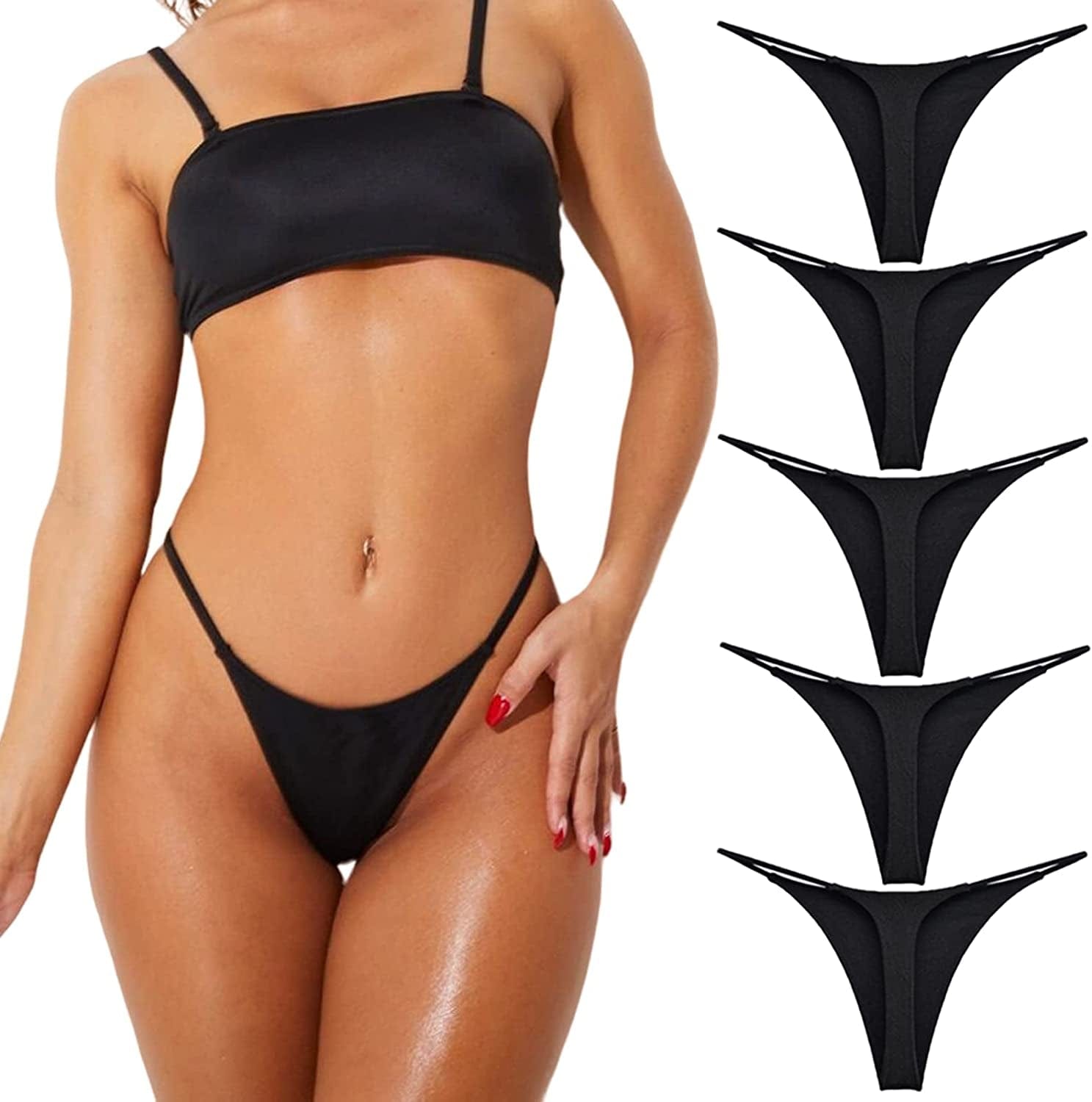 Chelectnis G String Thongs for Women Pack Low Rise String Bikini Panties Women Underwear Thong 5Pack T Back Tangas 5packs-black / Large