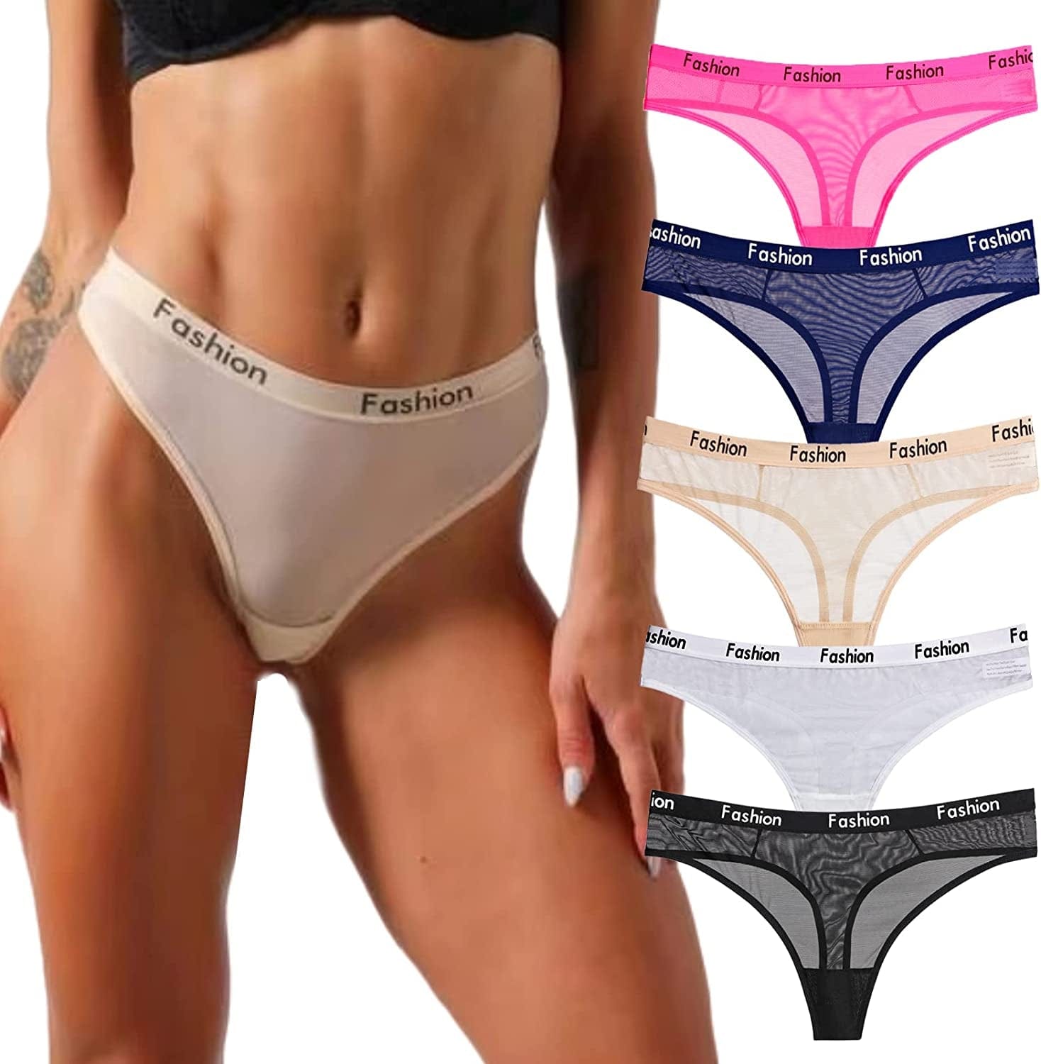 Chelectnis Seamless Thongs for Women 5 Pack Breathable Underwear High Rise Bikini Panties G String T Back Stretch Tangas Black/White/Rose Red/Complexion/Blue / X-Large