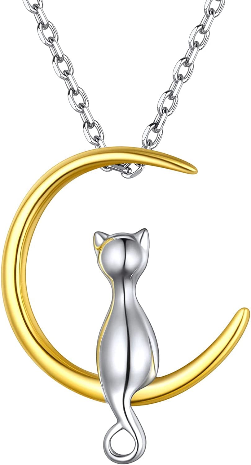 Chicsilver 925 Sterling Silver Cat/Shark/Hedgehog Pendant Necklace Cute Animal Jewelry for Women Teen Girls B: Moon Cat
