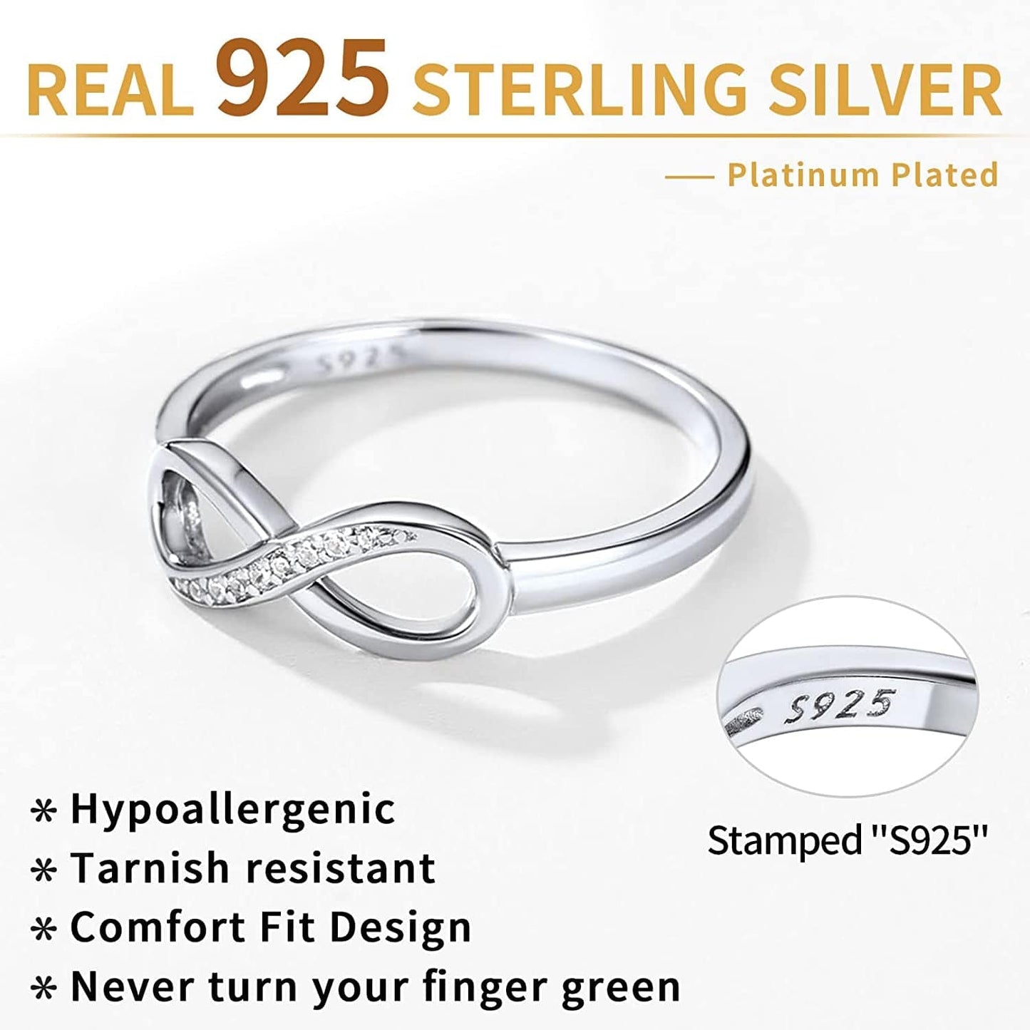 Chicsilver Personalized 925 Sterling Silver Ring Simple Infinity Knot Rings Custom Engraved Eternity Wedding Band Promise Rings Size 4-12