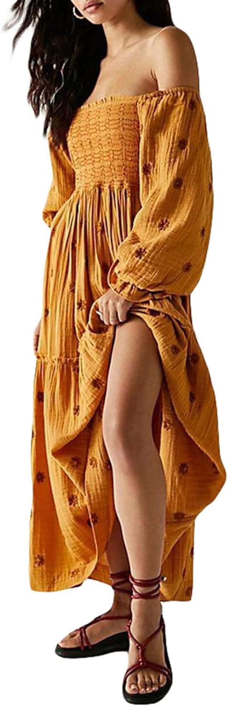 Chloefairy Fashion Women'S 3D Floral Embroidered Maxi Dress Puff Sleeve Square Neck Tiered Flowy A-Line Dress Orange / Large