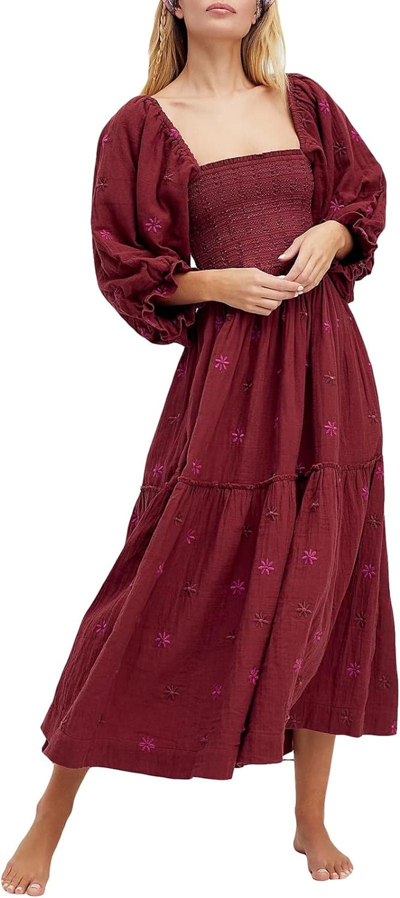 Chloefairy Fashion Women'S 3D Floral Embroidered Maxi Dress Puff Sleeve Square Neck Tiered Flowy A-Line Dress Wine Red / Small
