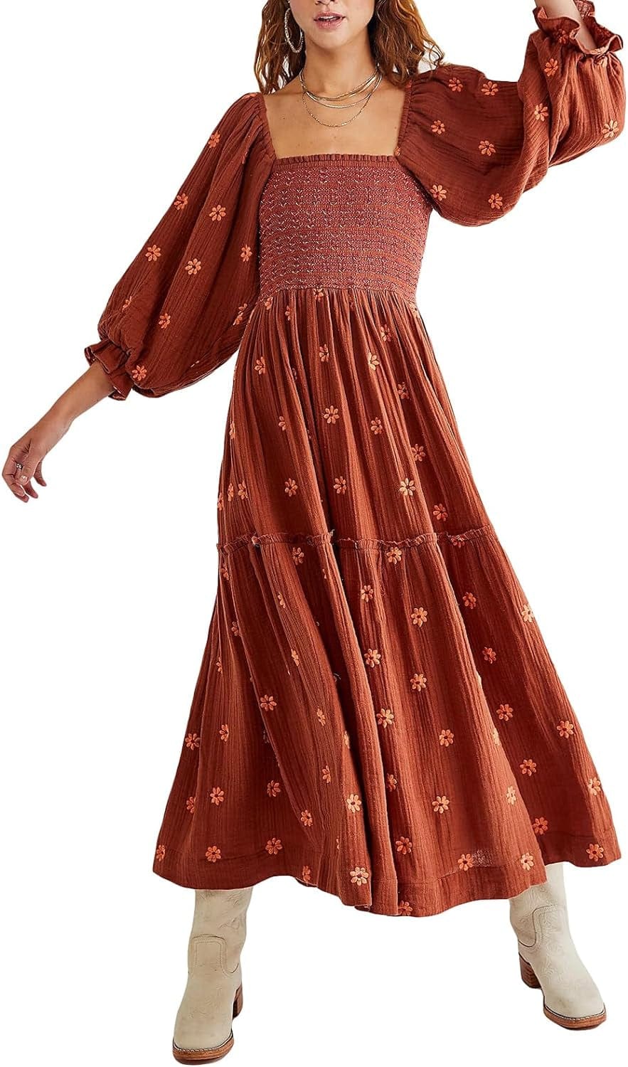 Chloefairy Fashion Women'S 3D Floral Embroidered Maxi Dress Puff Sleeve Square Neck Tiered Flowy A-Line Dress Brown / Small