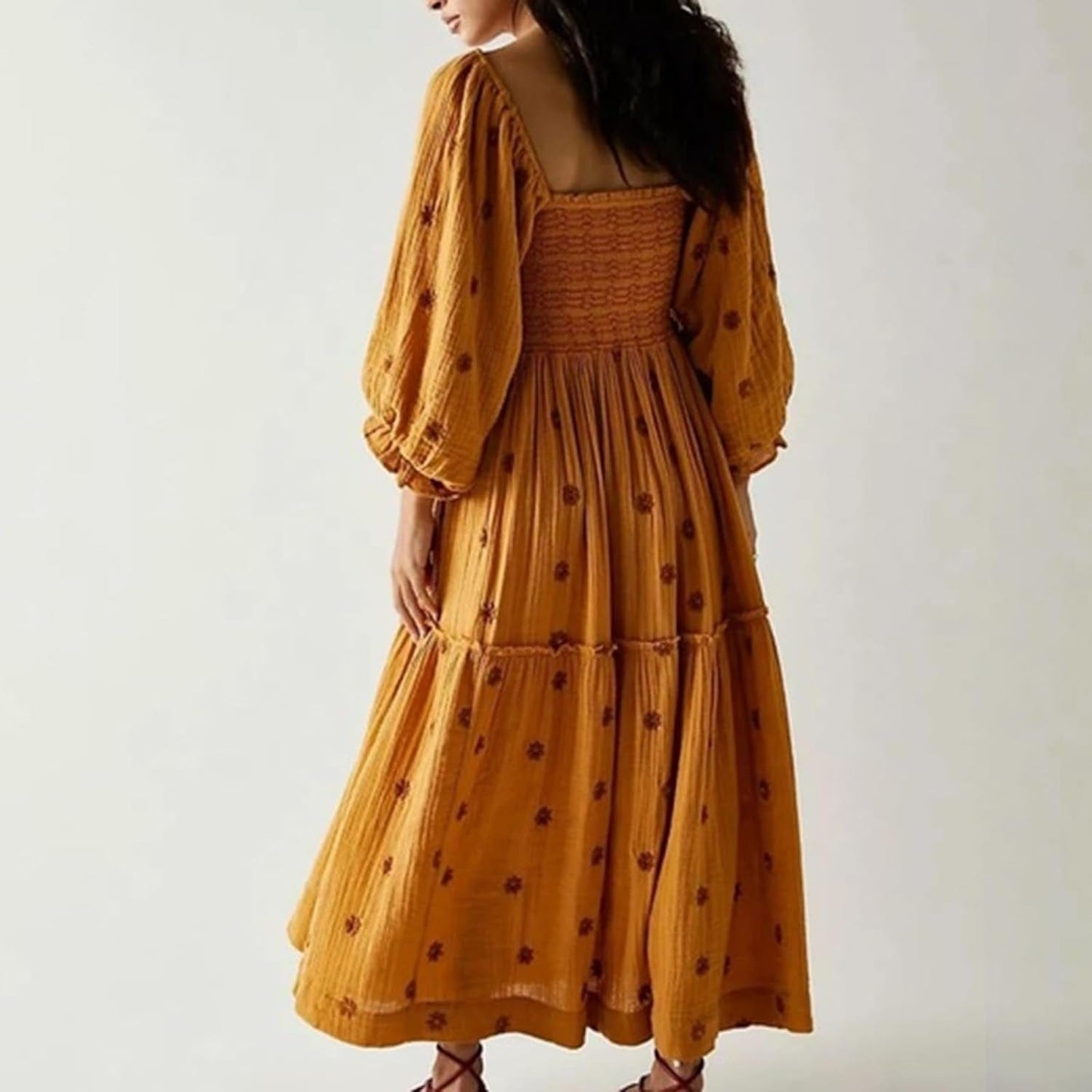 Chloefairy Fashion Women'S 3D Floral Embroidered Maxi Dress Puff Sleeve Square Neck Tiered Flowy A-Line Dress