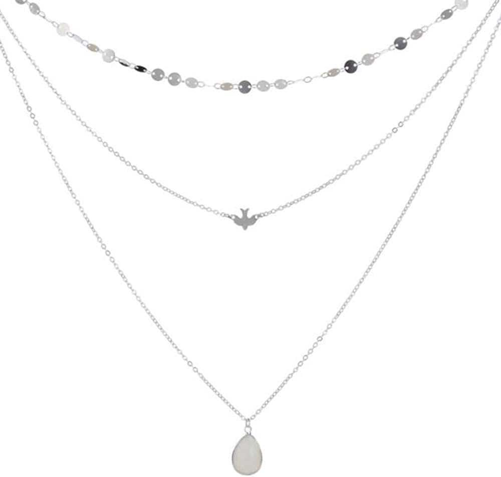 Chmier Bohemia Layered Choker Necklace Disc Choker Dove Necklace Gemstone Necklace Pigeon Gem Charm Pendant Necklace Peace Jewelry for Women and Girls Silver