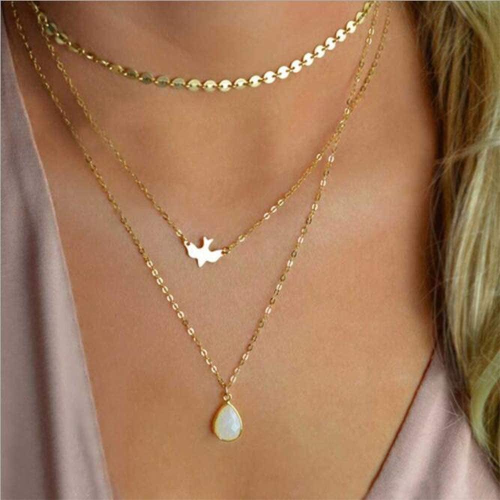 Chmier Bohemia Layered Choker Necklace Disc Choker Dove Necklace Gemstone Necklace Pigeon Gem Charm Pendant Necklace Peace Jewelry for Women and Girls