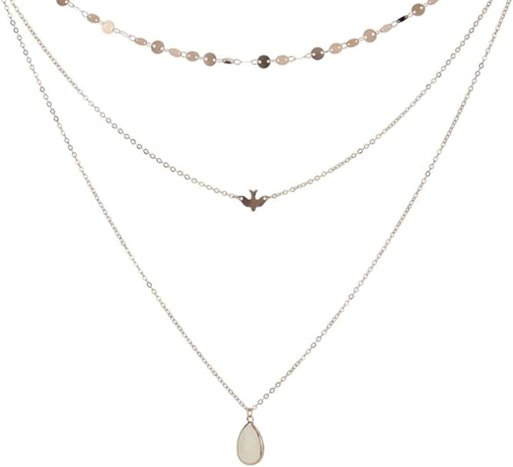 Chmier Bohemia Layered Choker Necklace Disc Choker Dove Necklace Gemstone Necklace Pigeon Gem Charm Pendant Necklace Peace Jewelry for Women and Girls Gold