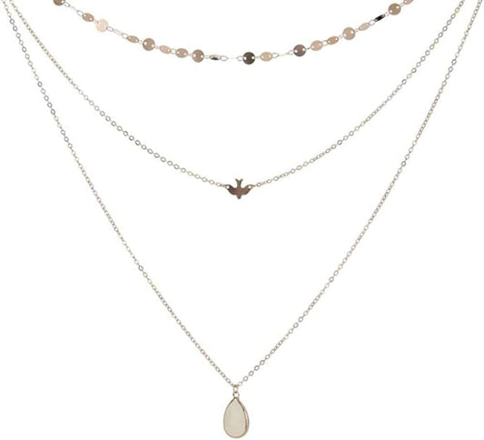 Chmier Bohemia Layered Choker Necklace Disc Choker Dove Necklace Gemstone Necklace Pigeon Gem Charm Pendant Necklace Peace Jewelry for Women and Girls Gold