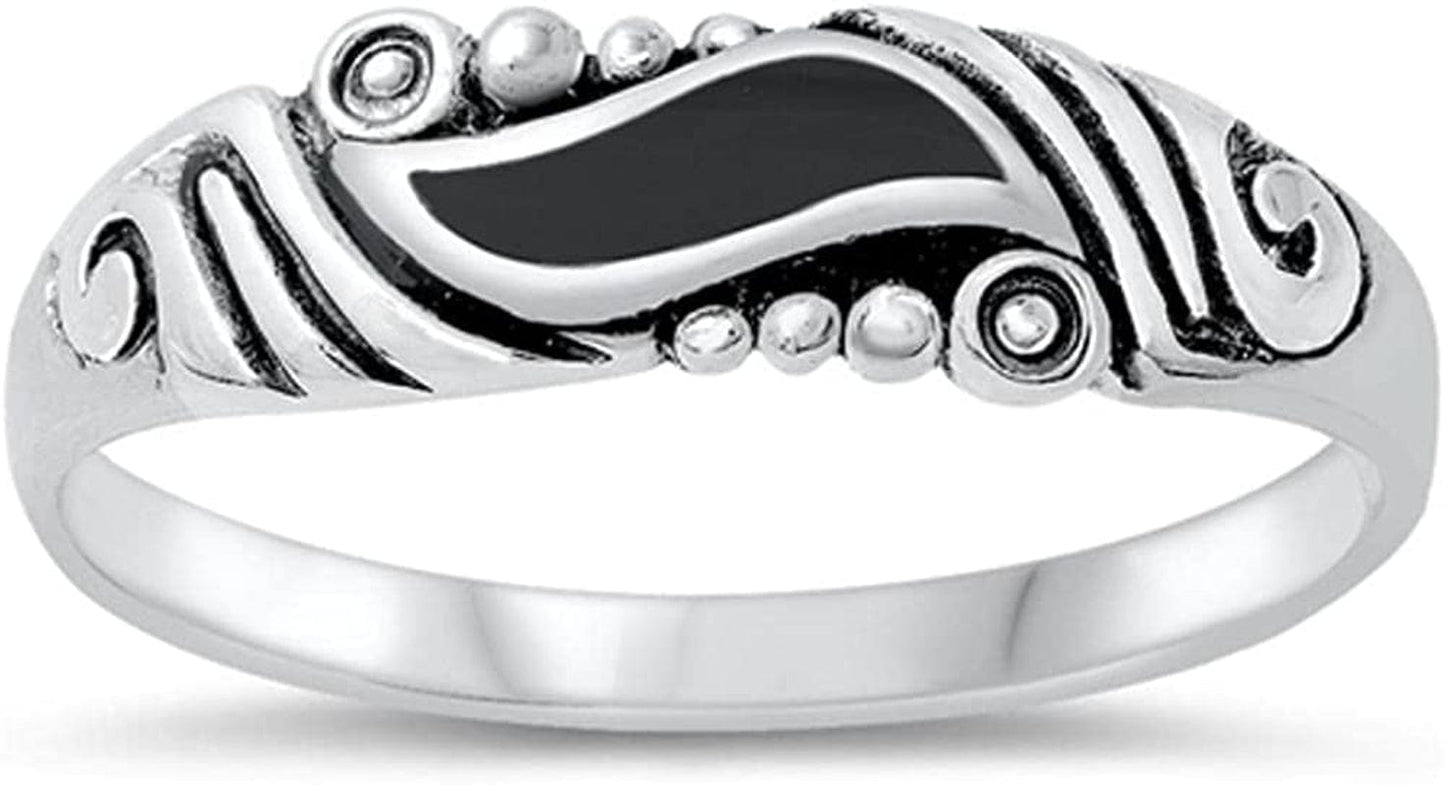 CHOOSE YOUR COLOR Sterling Silver Swirl Ring Black (Simulated Onyx) / 4