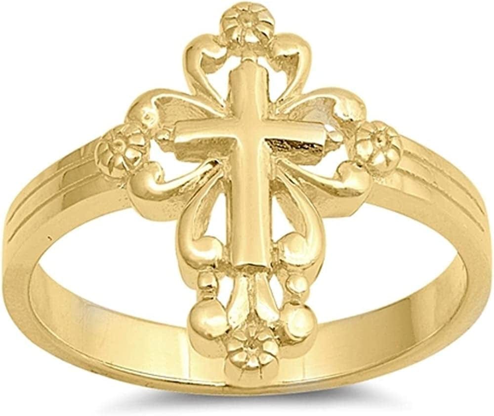 CHOOSE YOUR COLOR Sterling Silver Victorian Style Cross Ring Yellow Gold-Tone / 9