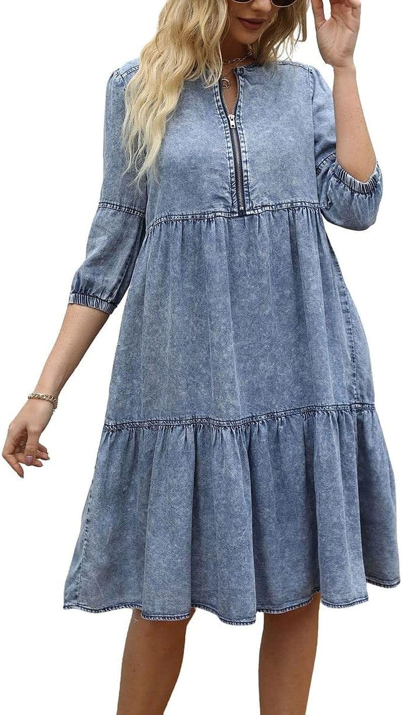 Chouyatou Women'S Vintage Washed Loose Fit 3/4 Sleeve Tiered Babydoll Mini Denim Jean Dress Blue / X-Large