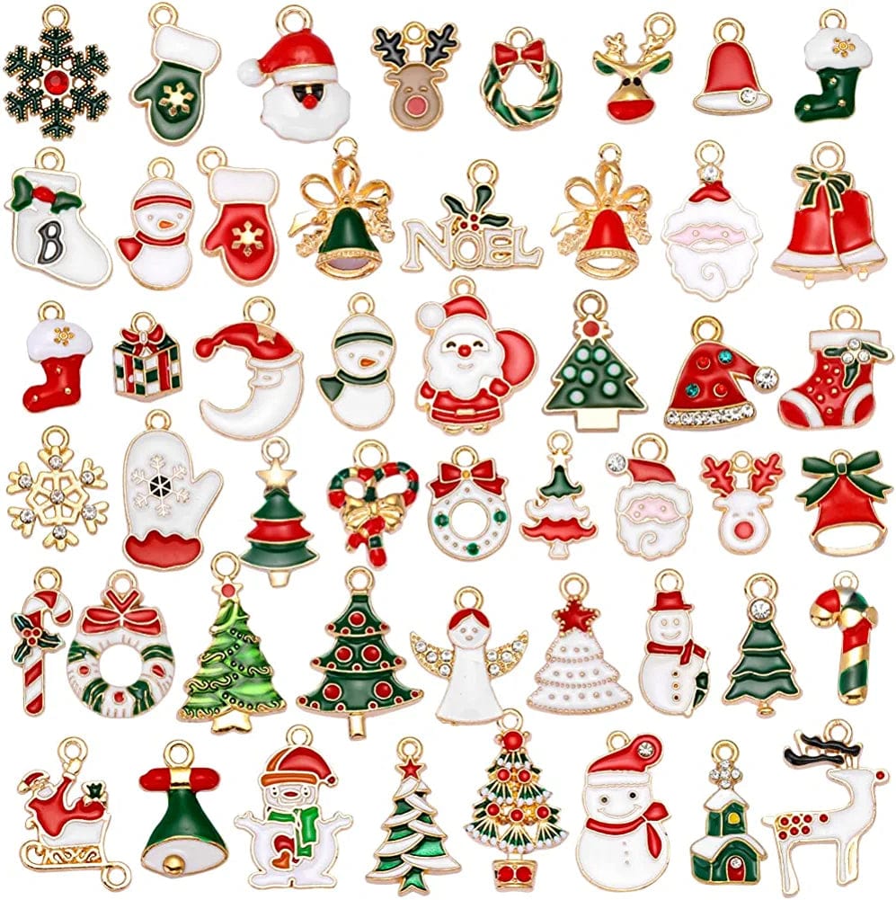 Christmas Charms Pendant Santa Snowman Bell Christmas Tree Cute Christmas Mini Alloy Pendant Jewelry for Bracelet Necklace Earring DIY Craft Decoration Supplies 50 Pieces