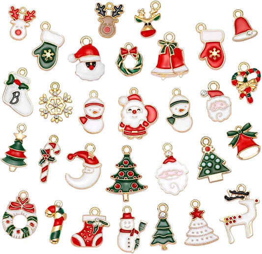 Christmas Charms Pendant Santa Snowman Bell Christmas Tree Cute Christmas Mini Alloy Pendant Jewelry for Bracelet Necklace Earring DIY Craft Decoration Supplies 30 Pieces