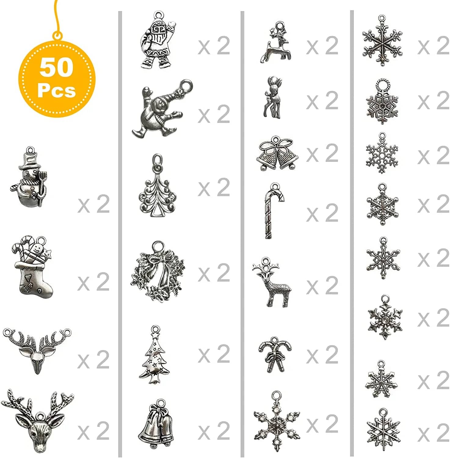 Christmas Charms Pendants- Christmas 50 Pcs Assorted Antique Silver Bracelet Charms for DIY Jewelry Making Winter Charms for Bracelet Accessories Necklaces Earrings Supplies Xmas Crafting