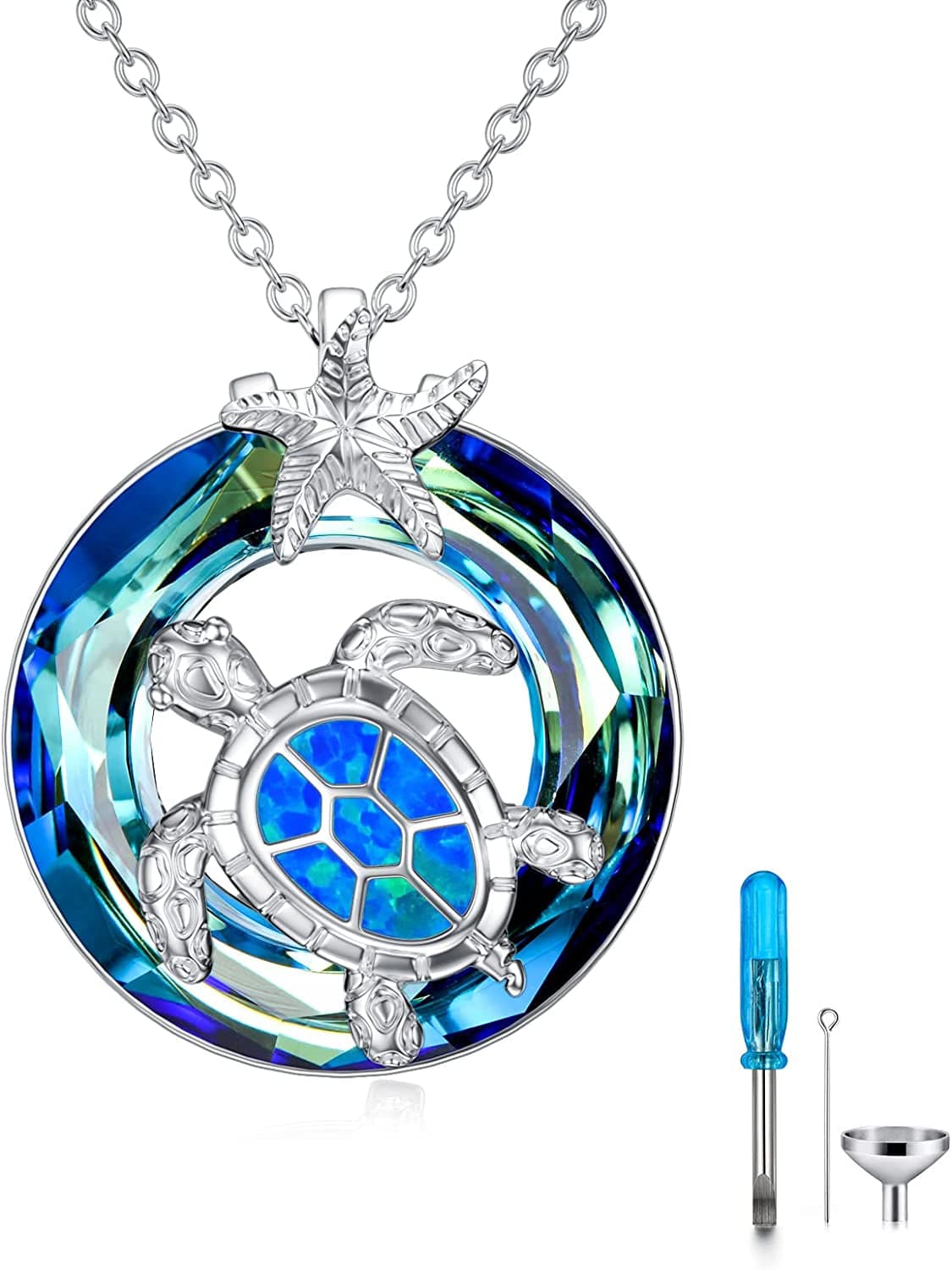 Christmas Gifts for Women Sea Turtle Tortoise Necklaces Sterling Silver Sea Crystal Pendant Necklaces Ocean Jewellery for Women Wife Gifts Blue- Urn Necklace
