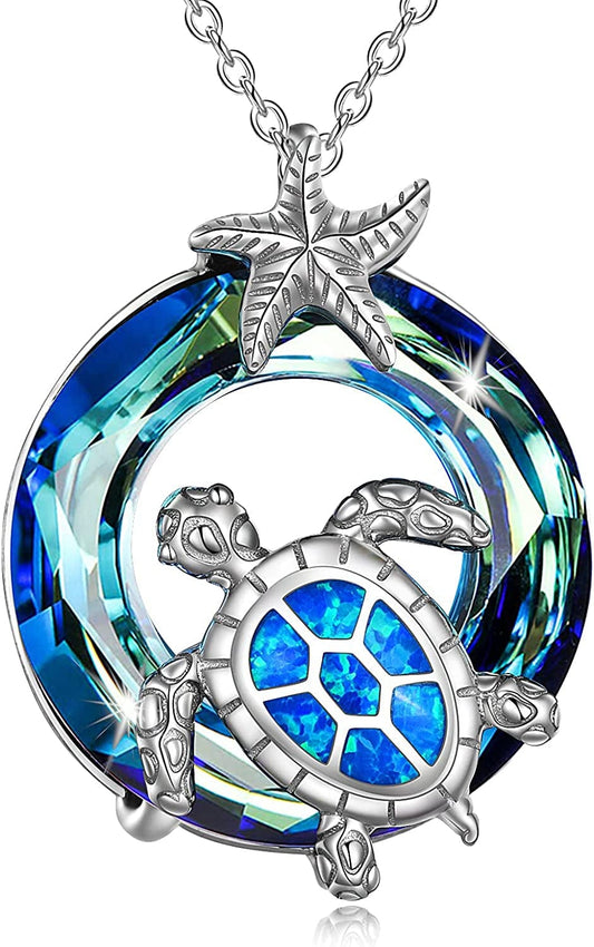 Christmas Gifts for Women Sea Turtle Tortoise Necklaces Sterling Silver Sea Crystal Pendant Necklaces Ocean Jewellery for Women Wife Gifts Blue