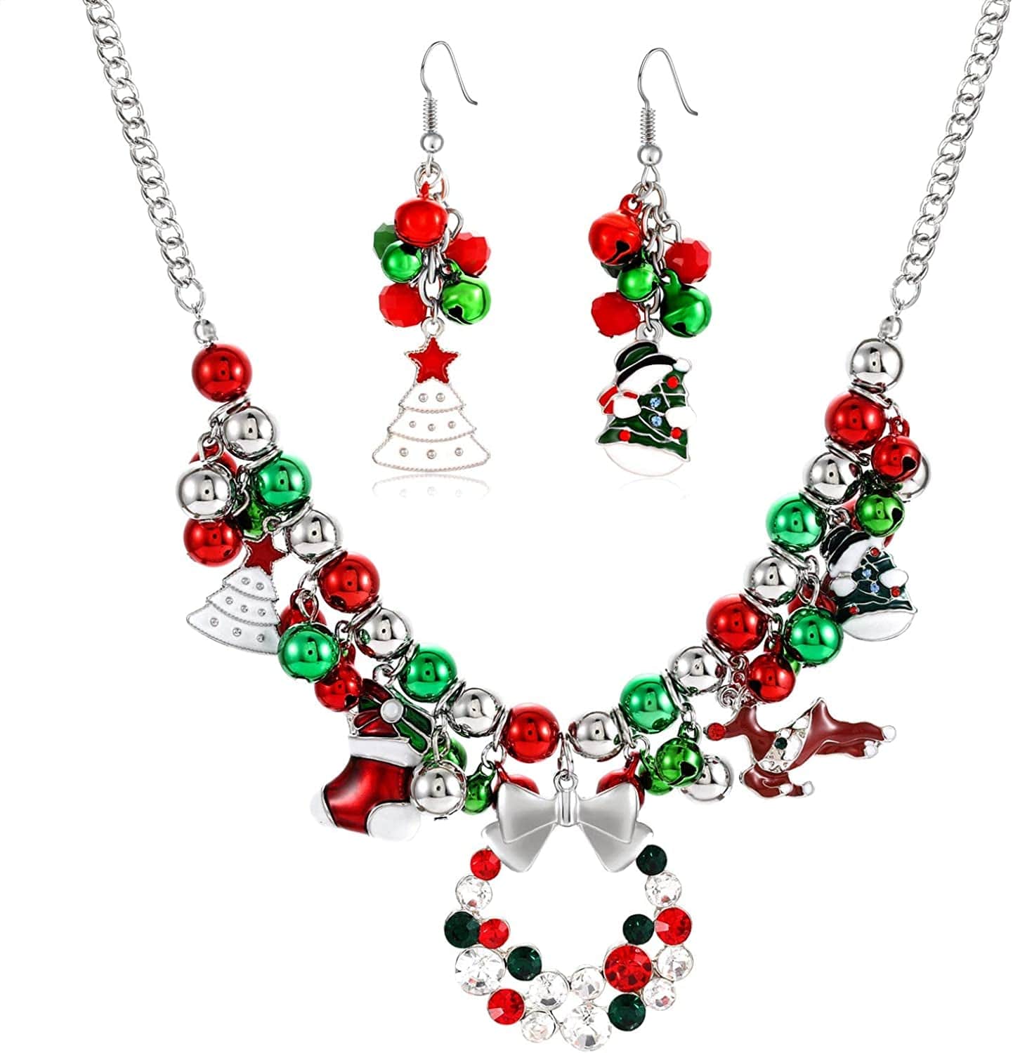 Christmas Jingle Bell Necklace Set X-Mas Crystal Pendant Necklace Bell Beaded Earrings Festival Holiday Jewelry Set for Women Girls Kids silver