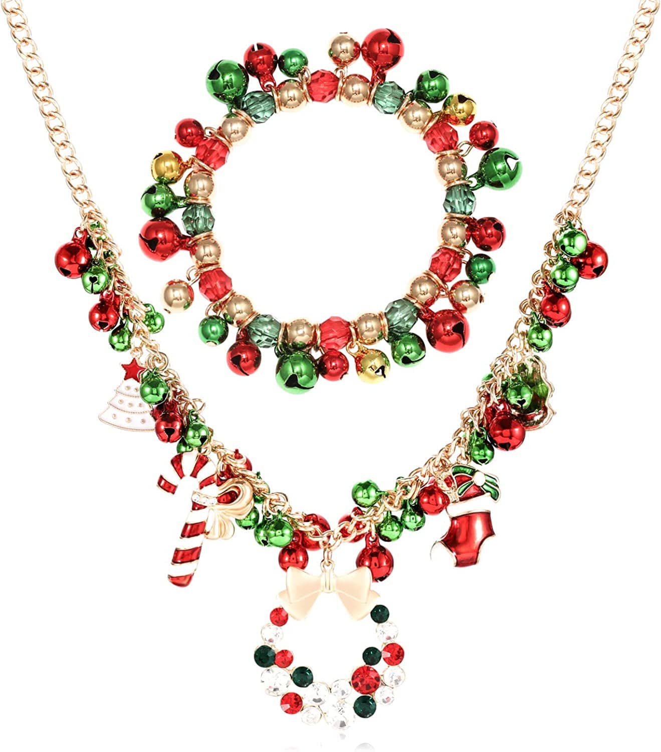 Christmas Jingle Bell Necklace Set X-Mas Crystal Pendant Necklace Bell Beaded Earrings Festival Holiday Jewelry Set for Women Girls Kids Red & Green