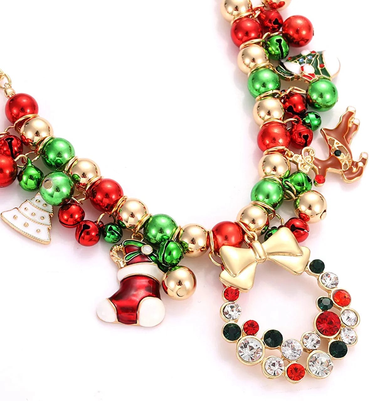 Christmas Jingle Bell Necklace Set X-Mas Crystal Pendant Necklace Bell Beaded Earrings Festival Holiday Jewelry Set for Women Girls Kids
